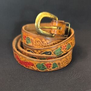 Vintage Genuine Leather Belt With Butterflies Flowers Made In Paris Handmade 30